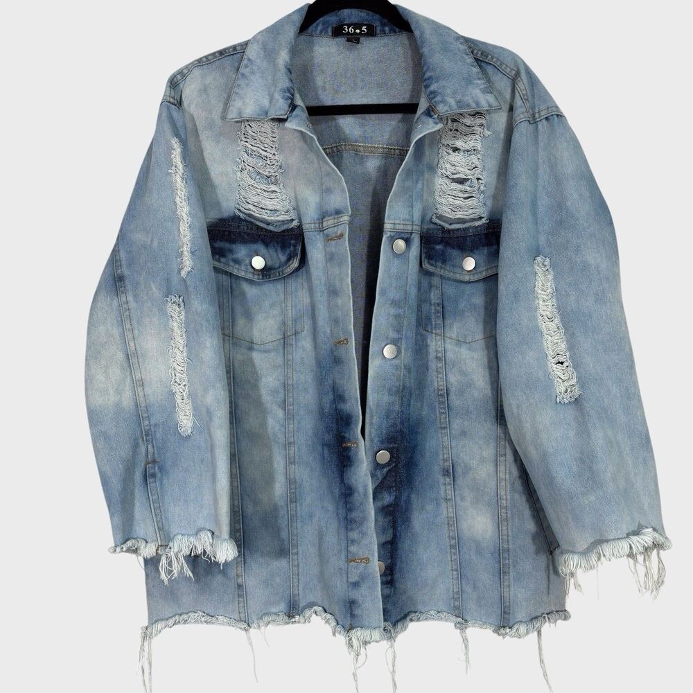 36.5 Distressed Denim Jean Jacket Large Oversized Boho Raw Hem Lagenlook Hippie